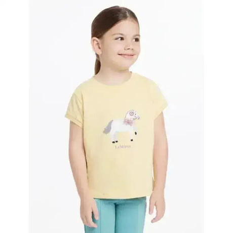 Soft yellow lemieux mini alex tee featuring a cute white and gray cartoon horse graphic and lambs text below