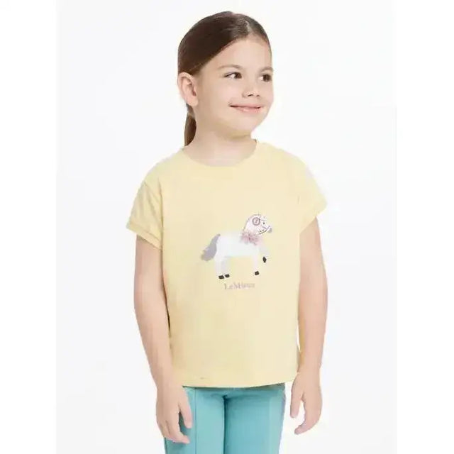 Soft yellow lemieux mini alex tee featuring a cute white and gray cartoon horse graphic and lambs text below