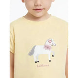 A pale yellow lemieux mini alex tee mimosa with a white horse, pink bow, and gray tail on a kids t-shirt