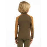 A child wearing a lemieux mini base layer alpine long sleeve with olive green body and mustard yellow striped sleeves