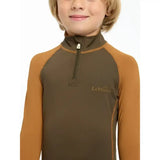 A lemieux mini base olive green and rust orange kids long-sleeved base layer alpine top with quarter zip collar
