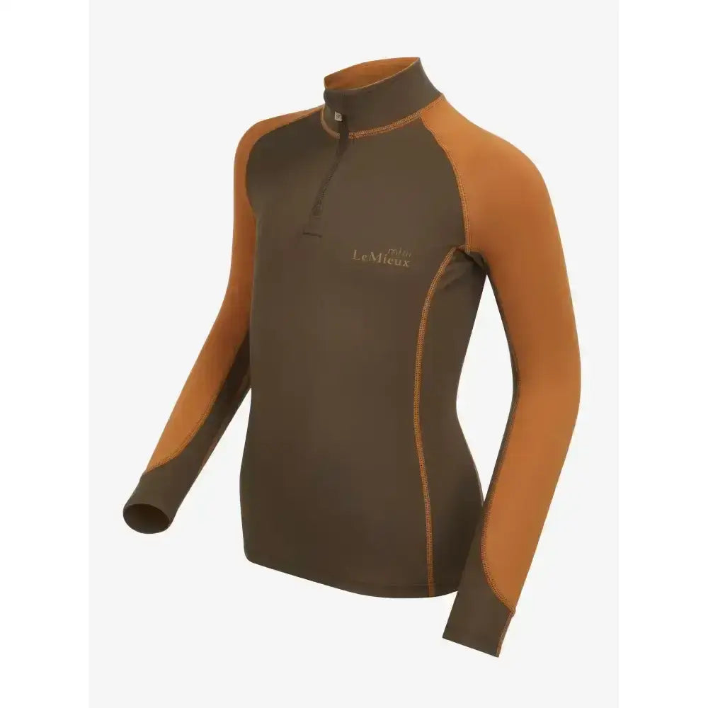 Women’s lemieux mini base layer alpine long-sleeved quarter-zip top in dark gray and burnt orange with subtle stitching