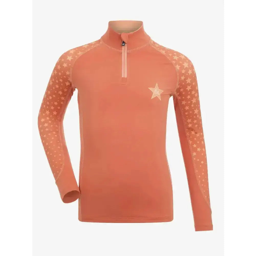 Coral lemieux mini base layer apricot top with star-patterned mesh sleeves and quarter-zip neckline
