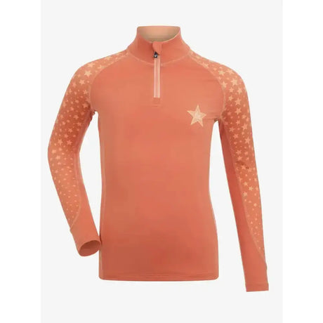Coral lemieux mini base layer apricot top with star-patterned mesh sleeves and quarter-zip neckline