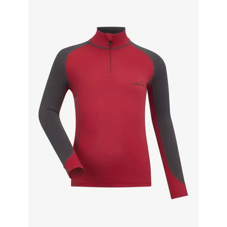 Red and gray long-sleeved lemieux mini base layer ember with half-zip collar for mini riders running and training