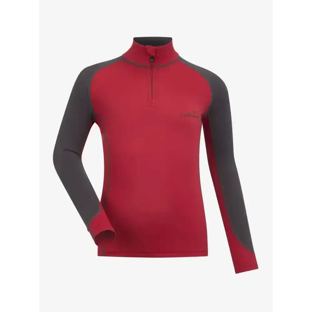 Red and gray long-sleeved lemieux mini base layer ember with half-zip collar for mini riders running and training