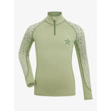 Light sage green lemieux mini base layer fern with quarter-zip collar and star-patterned mesh sleeves for mini riders running