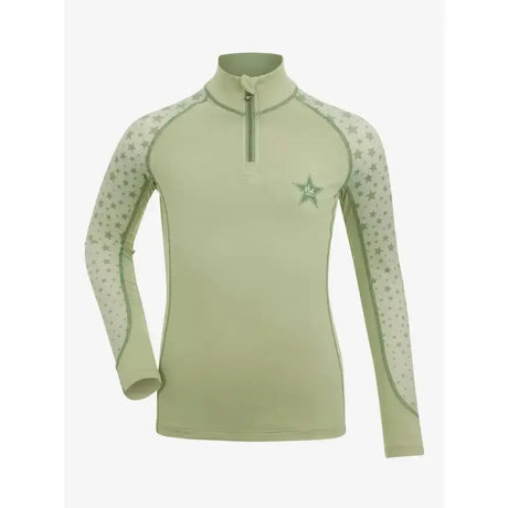 Light sage green lemieux mini base layer fern with quarter-zip collar and star-patterned mesh sleeves for mini riders running