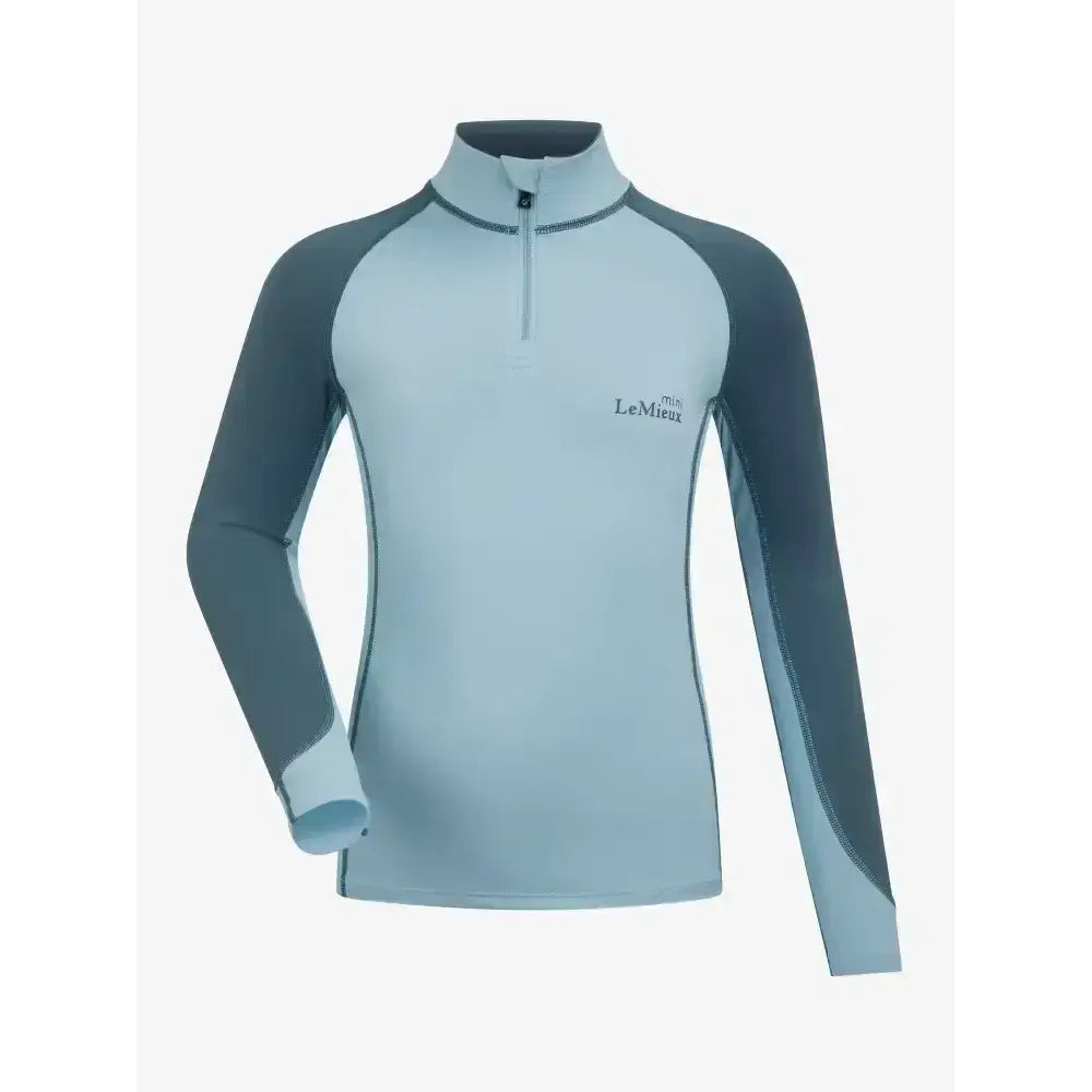 Light blue and dark gray lemieux mini base long sleeve quarter zip base layer glacier with logo on chest