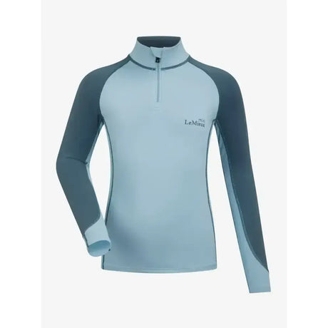 Light blue and dark gray lemieux mini base long sleeve quarter zip base layer glacier with logo on chest