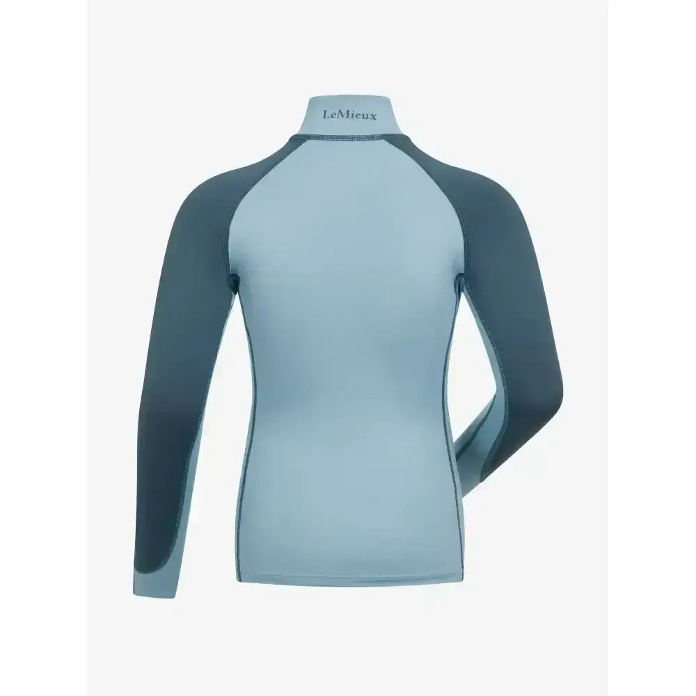 Lemieux mini base long-sleeved base layer glacier top in light blue with dark gray raglan sleeves for mini rider’s running
