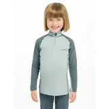 Light blue and dark gray lemieux mini base layer glacier top with quarter-zip and logo for mini riders running