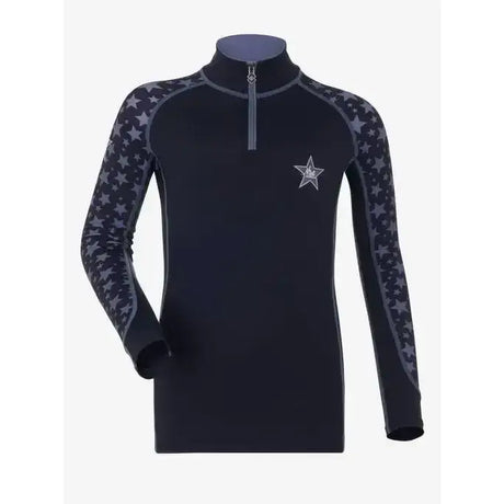 Black long sleeved athletic top in the lemieux mini base range with gray star pattern and embroidered logo