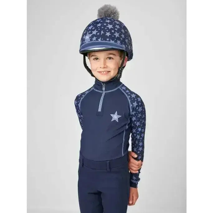 Navy blue equestrian helmet with star pattern and gray pom pom from the lemieux mini base layer indigo range