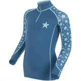 Blue star patterned long sleeve athletic top with half zip and light blue stitching from lemieux mini base layer range