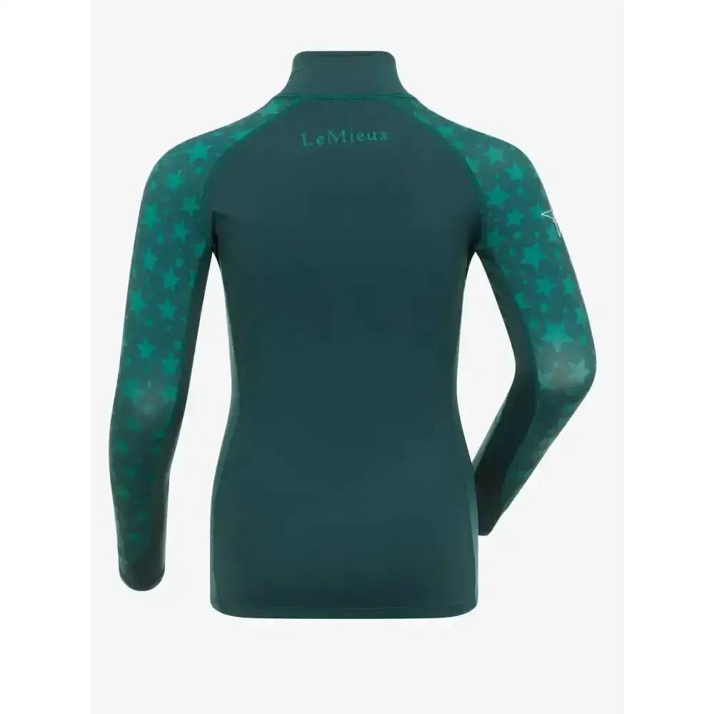 Dark green long-sleeved lemieux mini base layer spruce with subtle star pattern sleeves and branded high collar logo