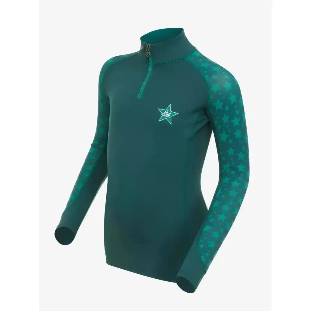Teal lemieux mini base long-sleeved top with star-patterned sleeves and quarter-zip collar base layer spruce