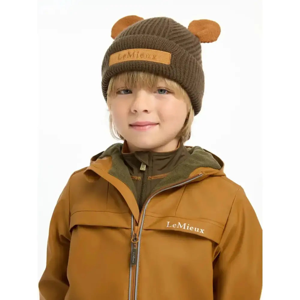 Brown knitted lemieux mini bear beanie alpine with tan bear ears and matching brand patch