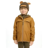 A child wearing a brown lemieux mini bear beanie alpine jacket with a hood, front pockets, and subtle chest branding