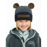 Gray knitted lemieux mini bear beanie petrol with brown plush bear ears and dark blue ribbed band label