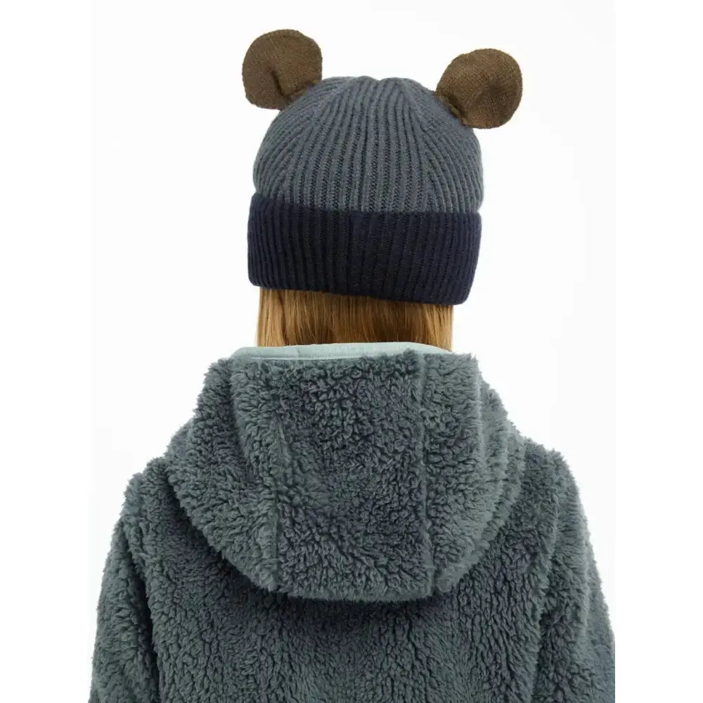 Gray ribbed knit lemieux mini bear beanie petrol with brown plush ears and navy blue folded brim