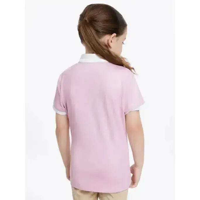 Pink short-sleeved lemieux mini bella polo shirt with white collar and sleeve trim perfect for shows