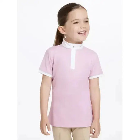 Pink lemieux mini bella show shirt with white collar and sleeve trim perfect for riding and shows