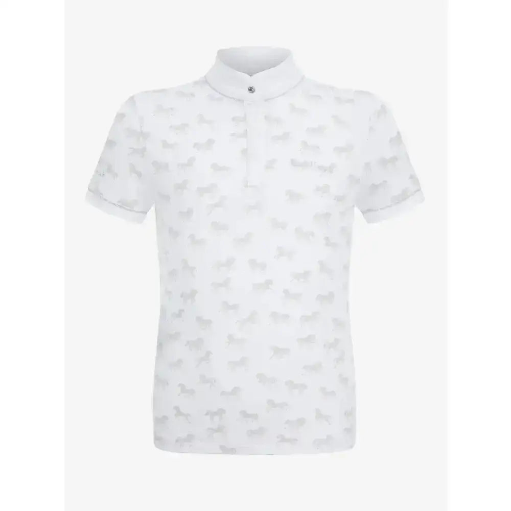 White lemieux mini bella short sleeve polo with subtle gray silhouettes perfect competition wear shirt