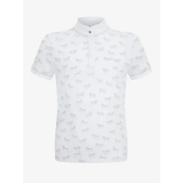 White lemieux mini bella short sleeve polo with subtle gray silhouettes perfect competition wear shirt