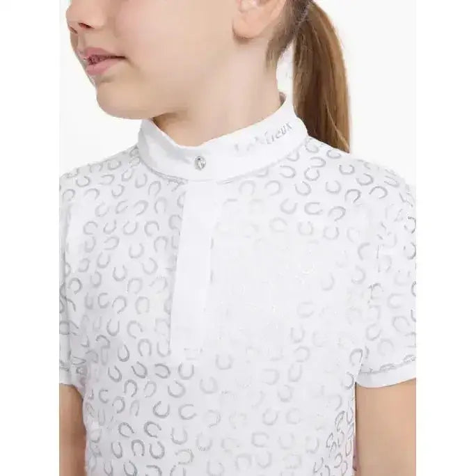 White lemieux mini bella shirt with silver horseshoe pattern and crisp collar perfect for shows
