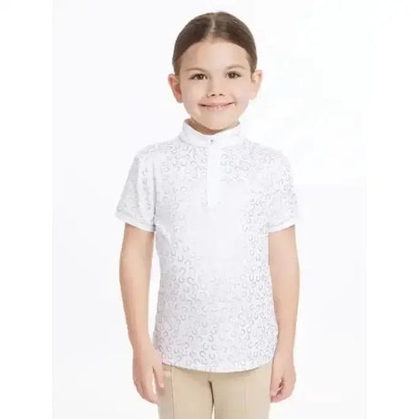 White short sleeved lemieux mini bella equestrian shirt white horseshoes with subtle lace and stand up collar
