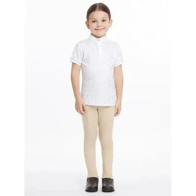 White short-sleeved lemieux mini bella polo shirt white horseshoes with subtle floral embroidery and high collar