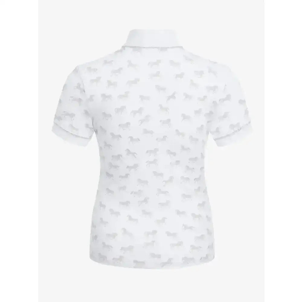 White lemieux mini bella polo shirt with subtle gray butterfly pattern perfect competition wear mini bella short