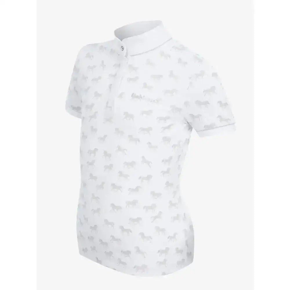 White lemieux mini bella polo shirt with light gray dog pattern perfect competition wear mini bella short style