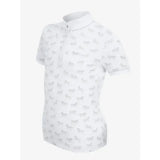 White lemieux mini bella polo shirt with light gray dog pattern perfect competition wear mini bella short style