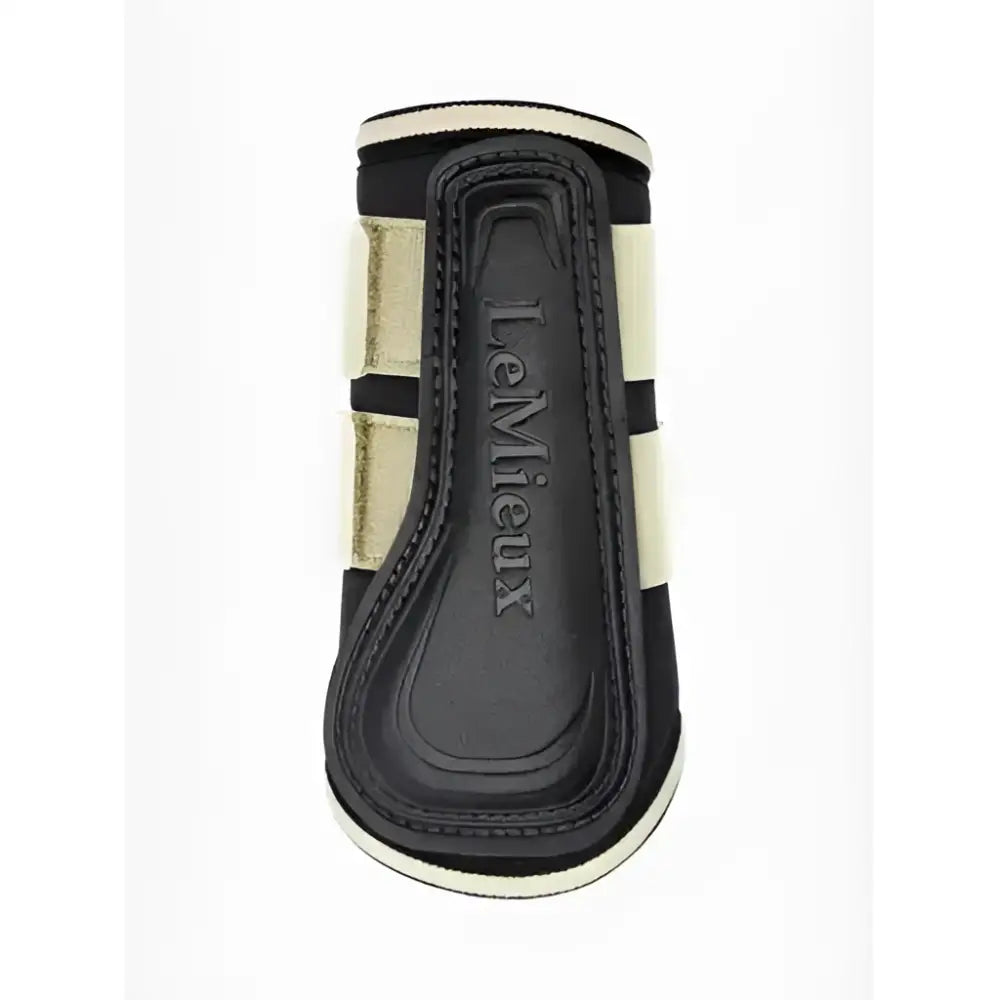 Black and cream leather lemieux mini brushing boots mimosa with gold stripes and lemieux brand embossed on the side