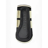 Black and cream leather lemieux mini brushing boots mimosa with gold stripes and lemieux brand embossed on the side