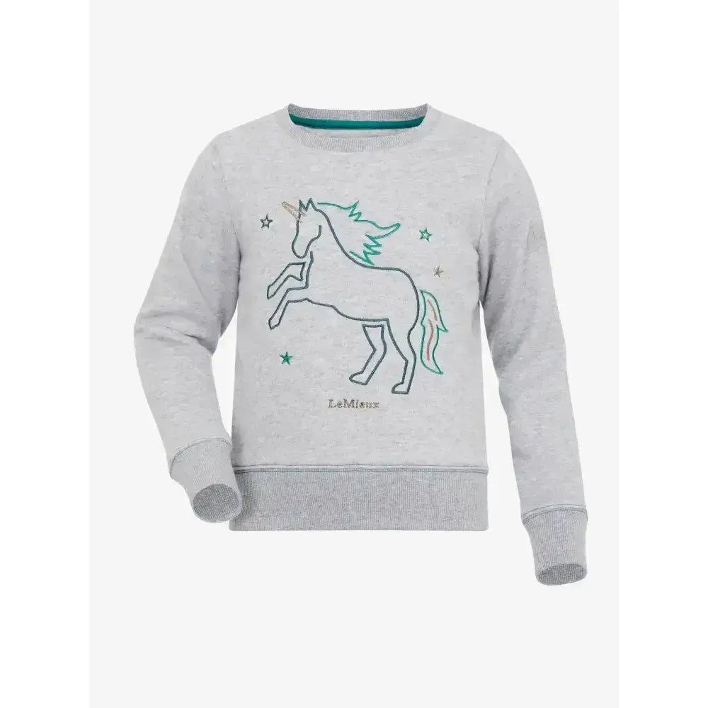 Gray long-sleeved lemieux mini camilla crew sweatshirt with fully embroidered horse unicorn and green star outlines