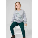 Light gray lemieux mini camilla crew sweatshirt with green outlined unicorn and star fully embroidered horse design