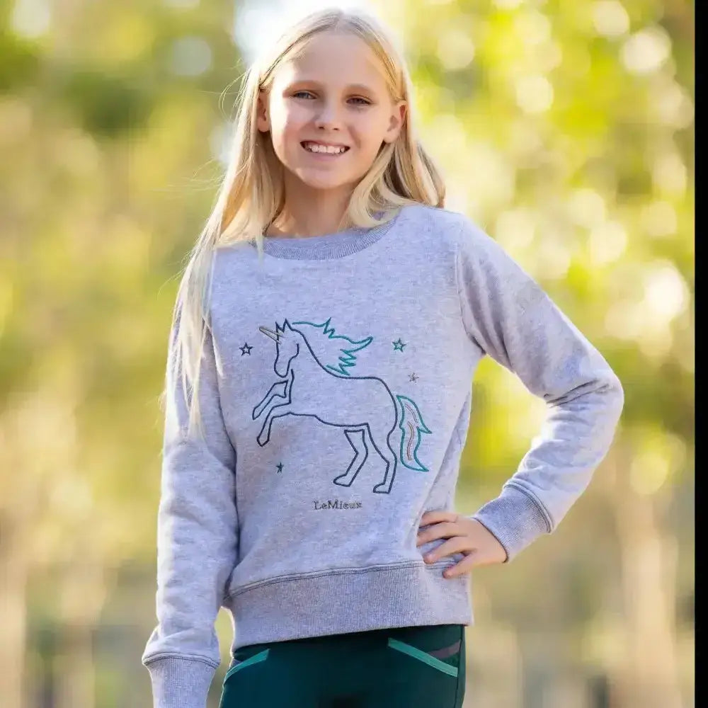 Light gray lemieux mini camilla crew sweatshirt with a blue outlined unicorn and fully embroidered horse design