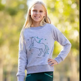 Light gray lemieux mini camilla crew sweatshirt with a blue outlined unicorn and fully embroidered horse design