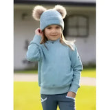 Light blue knitted lemieux mini casey beanie with fluffy brown pom-poms perfect for chilly days in glacier style