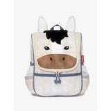 Cream-colored lemieux mini character backpack with black mane brown snout and blue trim perfect for kids