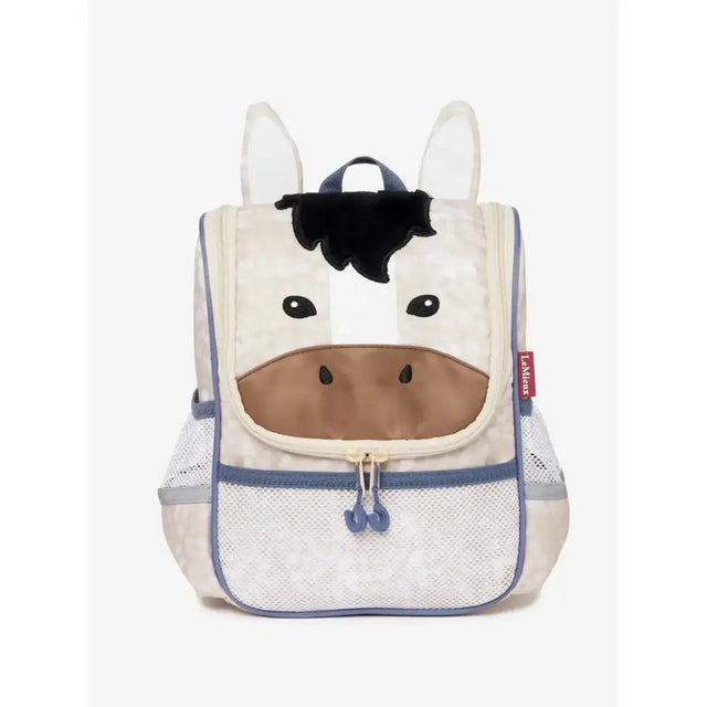 Cream-colored lemieux mini character backpack with black mane brown snout and blue trim perfect for kids