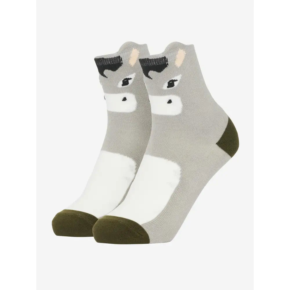 Gray lemieux mini character ankle socks with cartoon donkey face and dark green toe and heel in pack donkey design