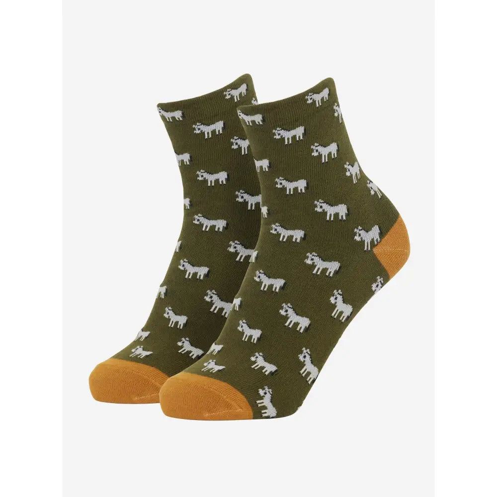 Olive green lemieux mini character ankle socks with white donkey prints and mustard yellow toe caps pack donkey