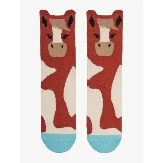 A pair of lemieux mini character red and white cow-themed socks with black ears tan face and light blue toe caps