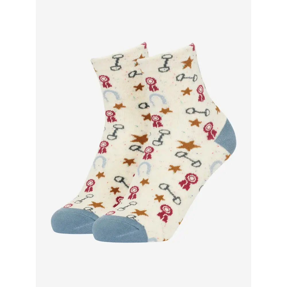Cream lemieux mini character socks with horse bits stars ribbons pattern and blue toe heel accents in a 2 pack