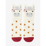 Cream-colored lemieux mini character socks with playful unicorn face gray details gold stars and red toe caps