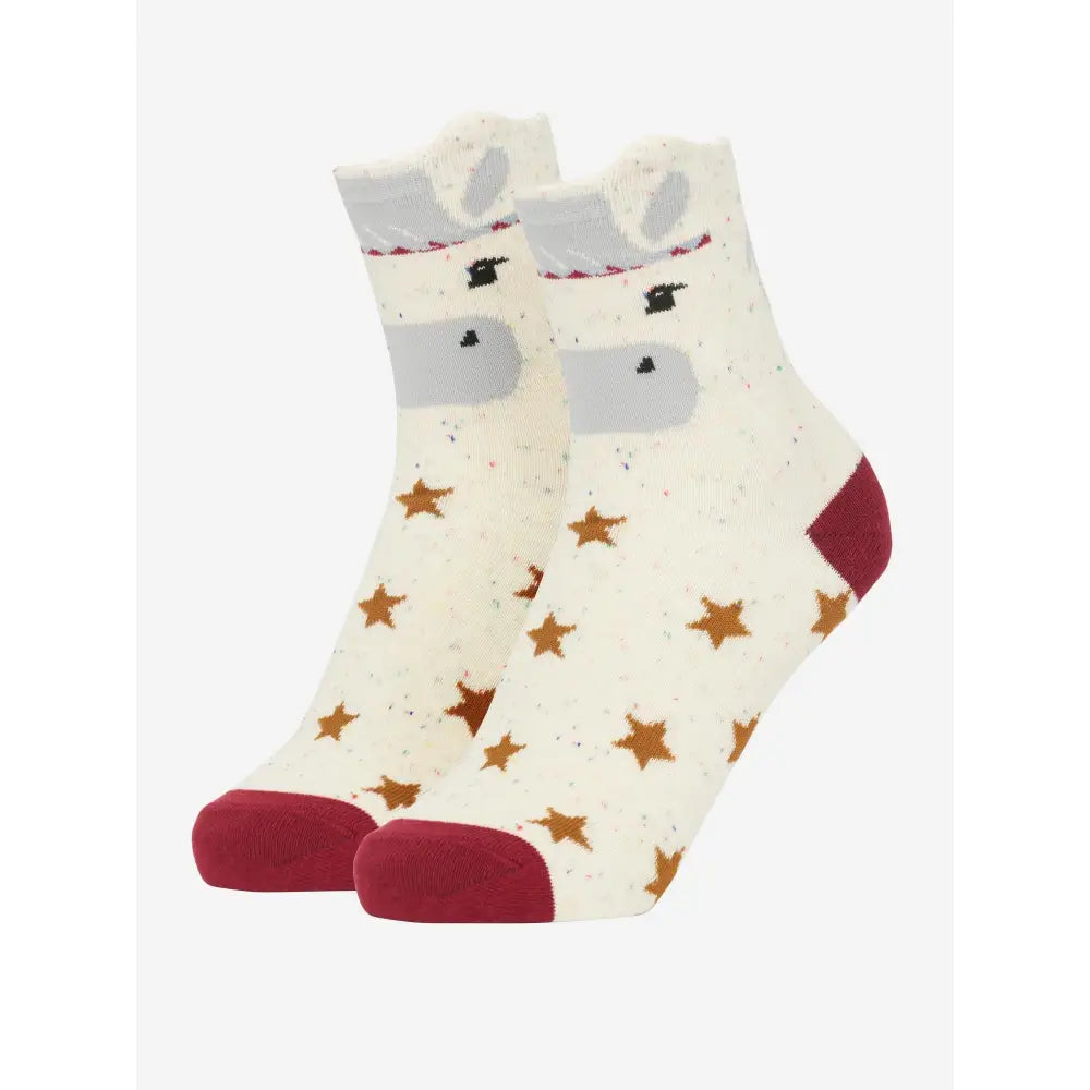 Cream lemieux mini character socks with unicorn face, gold stars, and red toe and heel accents in a 2 pack